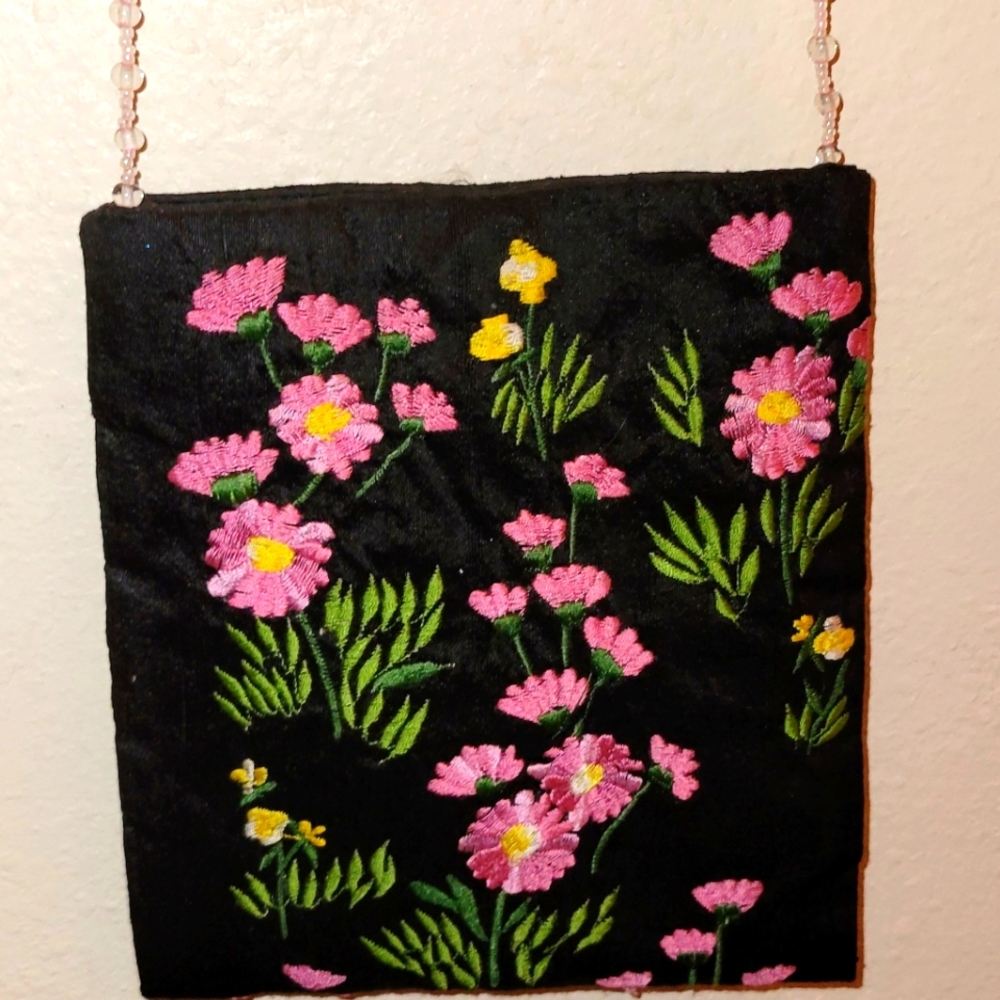 Moyna Beaded Bag Floral Pink and Black w/ Light Pink Bead Straps Evening Bag